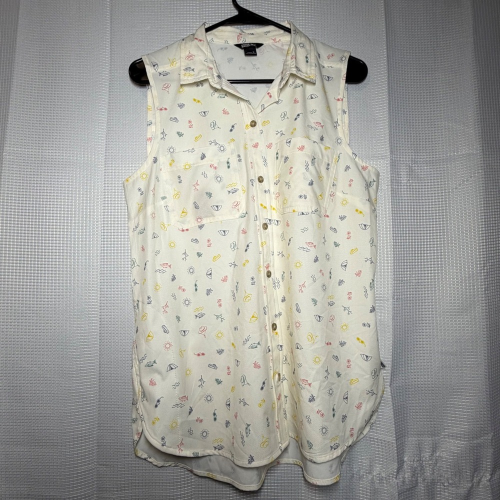 Eddie Bauer Sleeveless Button Down Shirt Medium White‎ Beach Camping Print